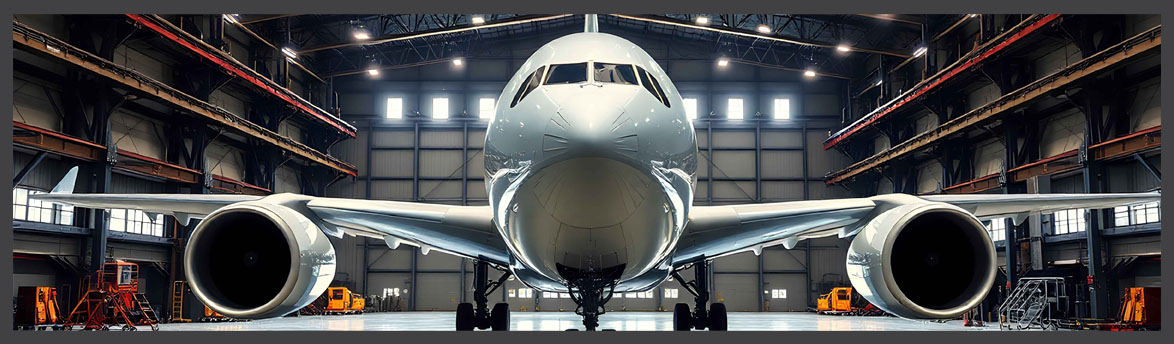 Front view of a large commercial airplane inside a spacious aircraft hangar, with maintenance equipment and vehicles nearby.